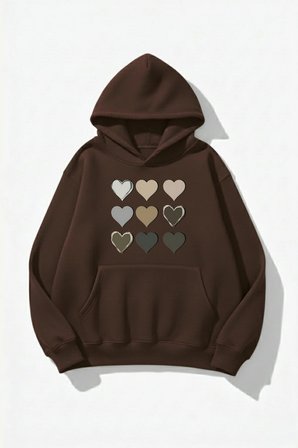 Unisex Yumuşak Dokulu 9'lu Kalp Baskılı Tasarım Oversize 3 İplik Hoodie Sweatshirt