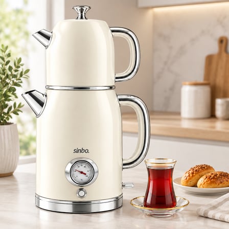 Elektrikli Retro Çay Seti 1600W Cam Demlik 1.8L+1L Derece Göstergeli