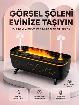 Mey İthalat Dekoratif Siyah Hava Nemlendirici Jöle Damla ve Alev Efektli LED Işıklı Aroma Difüzörü