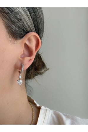 Çelik Silver Sallantılı Kalpli Taşlı Bluff Küpe -kararma yapmaz-