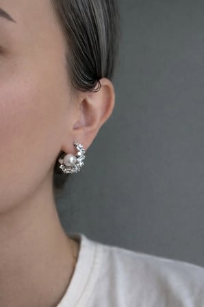 Çelik Silver Baget Taşlı İncili Halka Gemma Küpe -kararma yapmaz-