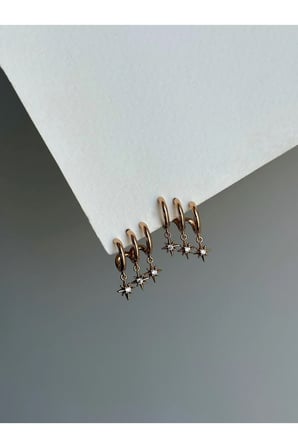 Çelik Rose Gold Üç Sıra Görünümlü Sallantılı Taşlı Kuzey Yıldızı Zerithia Küpe -kararma yapmaz-