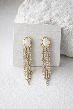 Çelik Gold Oval Ortalı Sallantılı Taş Seille Küpe -kararma yapmaz-