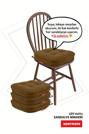 XPERMATE 4'lü Çift Kat Sandalye Minderi Fermuarlı Yıkanabilir Kılıf Bağcıklı Su ve Yağ İtici 42x42x8 Kahverengi