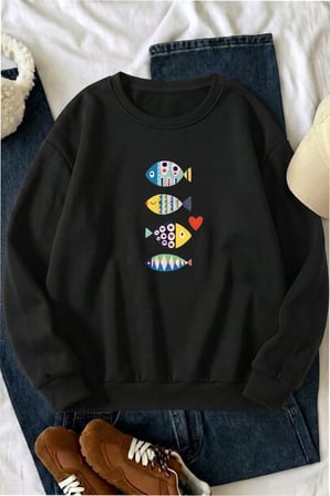 Unisex BALIK Baskılı Bisiklet Yaka Sweatshirt
