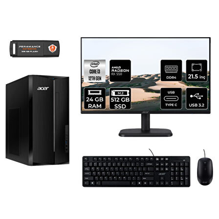 ACER ASPİRE TC1760 MDT004D172 i3 12100 24GB RAM 512GB SSD RX550 4GB 21.5" FDOS MASAÜSTÜ PC