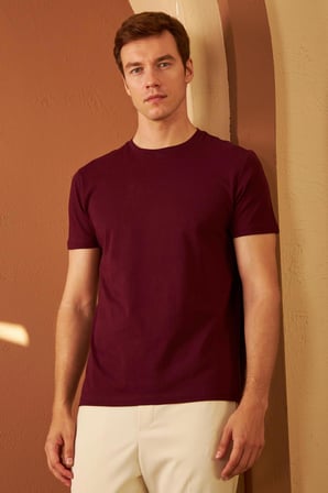 Erkek Bisiklet Yaka Slim Fit Basic Tişört Bordo
