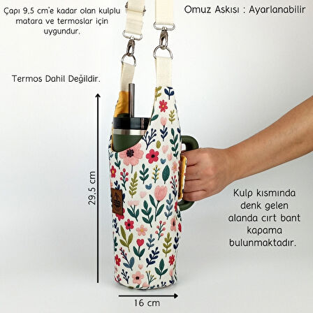 Woodycord Çıtı Pıtı Çiçek Desenli Termos Kılıfı Kulplu Model Quencher Pipetli 1,18