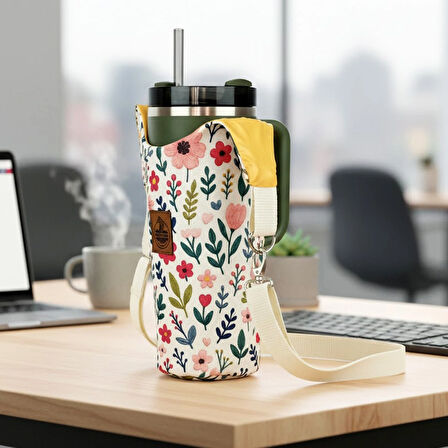 Woodycord Çıtı Pıtı Çiçek Desenli Termos Kılıfı Kulplu Model Quencher Pipetli 1,18