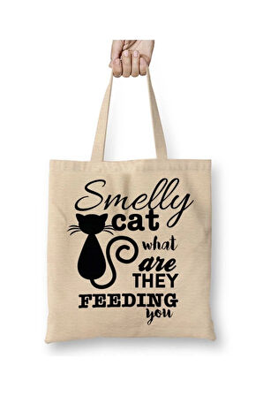 Smelly Cat Kedi Beyaz Bez Çanta Uzun Saplı Alışveriş Çantası Plaj Çantası