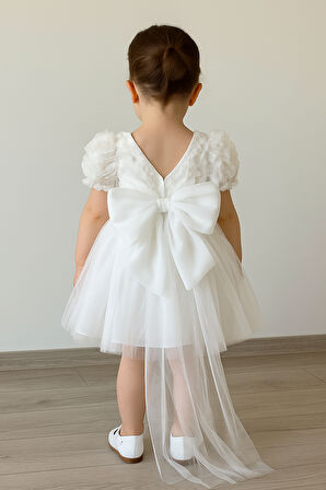 Kız Bebek Beyaz Elbise Kısa Kollu Fiyonklu Doğum Günü Parti Düğün Özel Gün Tüllü Astarlı Prenses Parti Elbise 