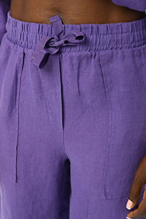 KADIN BELİ LASTİKLİ BOL PAÇA DÜZ RENK KETEN PANTOLON