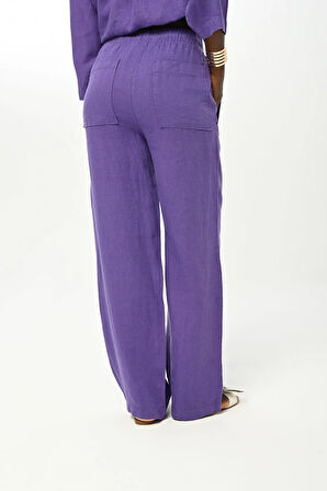 KADIN BELİ LASTİKLİ BOL PAÇA DÜZ RENK KETEN PANTOLON