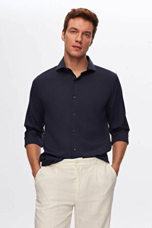 Ds Damat Slim Fit Lacivert İtalyan Yaka Armürlü Gömlek 2HF02ORT3185 2HF02ORT3185