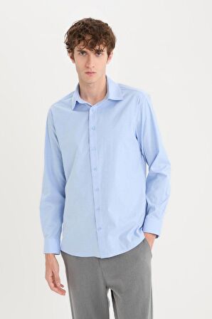 DeFacto Modern Fit Modern Kesim Poplin Düz Pamuk Karışımlı Uzun Kollu Gömlek D3375AX24AUBE177