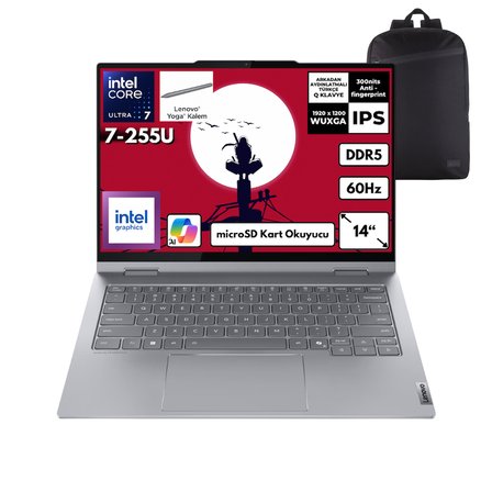 Lenovo Thinkbook 14 2-In-1 G5 IAU Ultra 7-255U 64-GBDDR5 1 TBSSD 14" WUXGA IPS Dokunmatik + Yoga Kalem Windows 10 Pro + QB Sırt Çantası 21SQ003BTXQB38