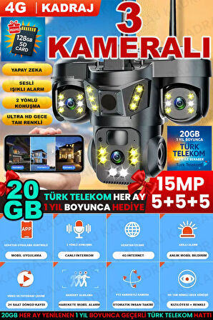 Sim Kartlı Kamera, 3 Kameralı, Solar Panelli, 20GB TURK TELEKOM Hat Dahil, İnsan Algılama, Sesli Kon