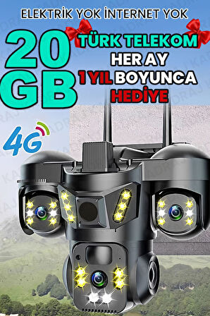 Sim Kartlı Kamera, 3 Kameralı, Solar Panelli, 20GB TURK TELEKOM Hat Dahil, İnsan Algılama, Sesli Kon