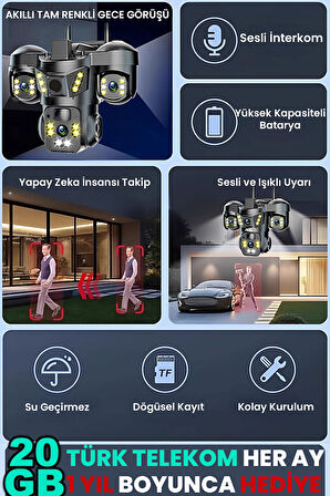 Sim Kartlı Kamera, 3 Kameralı, Solar Panelli, 20GB TURK TELEKOM Hat Dahil, İnsan Algılama, Sesli Kon