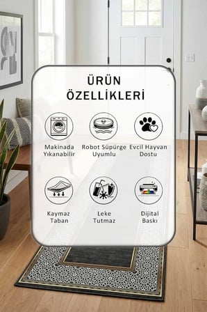 Adela Siyah Dijital Baskılı Kaymaz Yıkanabilir Yolluk - Leke Tutmaz Siyah