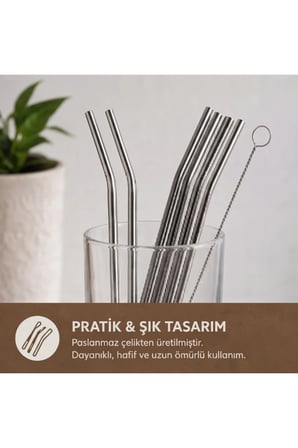 4 Adet Kasikli Metal Pipet Seti – Paslanmaz Celik Kasik Uclu Pipet, Temizleme Fircali, Reusable Stainless Steel Straw