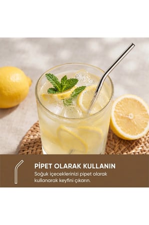 4 Adet Kasikli Metal Pipet Seti – Paslanmaz Celik Kasik Uclu Pipet, Temizleme Fircali, Reusable Stainless Steel Straw