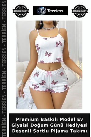 Premium Baskılı Model Ev Giysisi Doğum Günü Hediyesi Desenli Şortlu Pijama Takımı