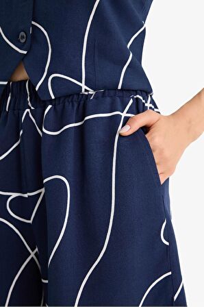 Regular Fit Normal Bel Desenli Esnek Bantlı Keten Karışımlı Şort