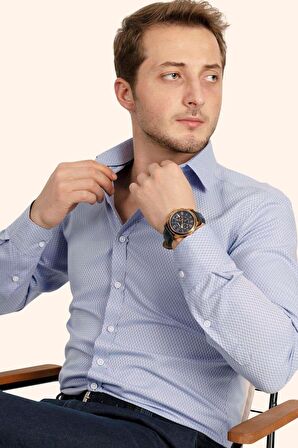 Gömlek Kravat Seti (Bordo Çizgili Kravat & Mavi Baklava Armür Desenli Slimfit Gömlek)