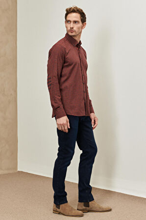 Erkek Antrasıt-kırmızı Slim Fit Dar Kesim Düğmeli Yaka Flanel Gömlek
