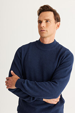 Erkek İndigo Recycle Standart Fit Normal Kesim Yarım Balıkçı Yaka Pamuklu Jakarlı Triko Kazak