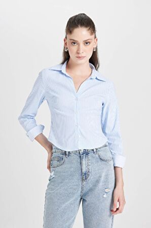 DeFacto Fitted Çizgili Bengalin Dokuma Uzun Kollu Gömlek D4013AX24AUBE745