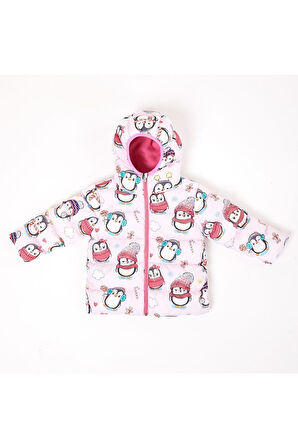 Spor Kız Çocuk Polarlı Kürklü Kapüşonlu Penguen Şeker Desenli Şişme Mont Parka