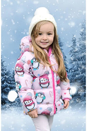 Spor Kız Çocuk Polarlı Kürklü Kapüşonlu Penguen Şeker Desenli Şişme Mont Parka
