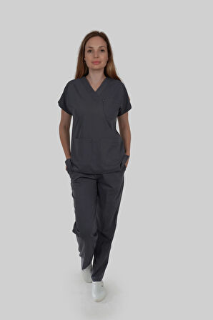 FÜME LİKRALI V YAKA HEMŞİRE DOKTOR FORMASI LİKRALI SCRUBS