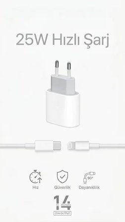 25W Güçlü Hızlı Şarj Cihazı ve 2 Adet Dayanıklı Type-C to Lightning Şarj Kablosu