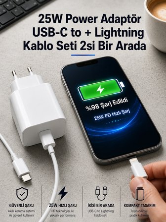 25W Güçlü Hızlı Şarj Cihazı ve 2 Adet Dayanıklı Type-C to Lightning Şarj Kablosu