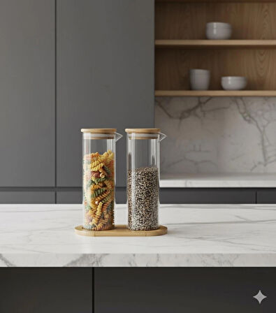 Mutfak Serisi Ahşap Standlı Bambu Kapaklı Akıllı Cam Yağdanlık Seti (2'li) Damlatmaz Modern Tasarım