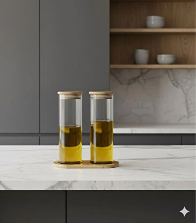 Mutfak Serisi Ahşap Standlı Bambu Kapaklı Akıllı Cam Yağdanlık Seti (2'li) Damlatmaz Modern Tasarım