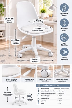 Beyaz Ergonomik Çalışma Sandalyesi – Yükseklik Ayarlı, 360° Döner, Minderli ve Tekerlekli Çocuk Genç