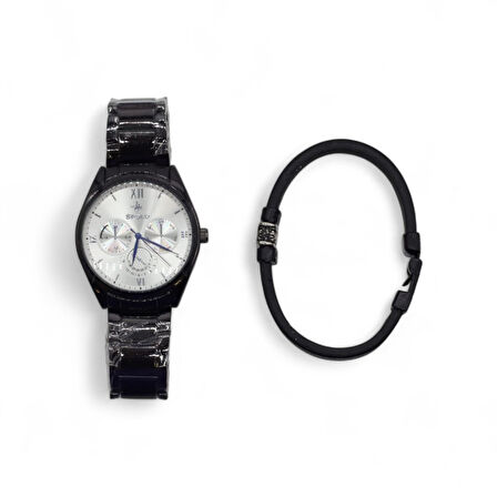 S Polo Erkek Saat Bileklik  Kombin Set Kutu Stil-2 Siyah Renk