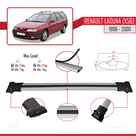 Renault Laguna (X56) SW 1996-2000 Arası ile Uyumlu FLY Model Ara Atkı Tavan Barı Gri 2 Adet