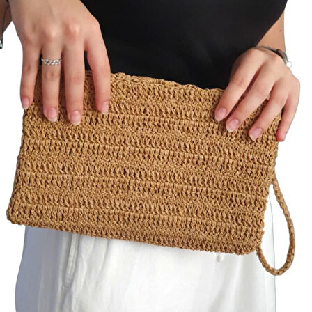 Uretti - Sümeyya 2589 7027 El Yapımı Boncuk ve Taş İşlemeli Kağıt İp Clutch Çanta