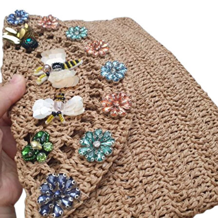 Uretti - Sümeyya 2589 7027 El Yapımı Boncuk ve Taş İşlemeli Kağıt İp Clutch Çanta