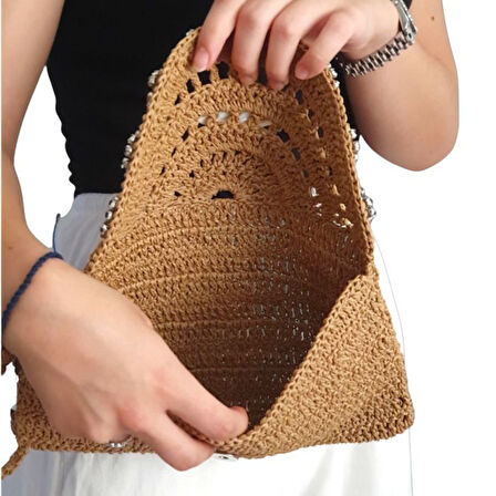 Uretti - Sümeyya 2589 7027 El Yapımı Boncuk ve Taş İşlemeli Kağıt İp Clutch Çanta