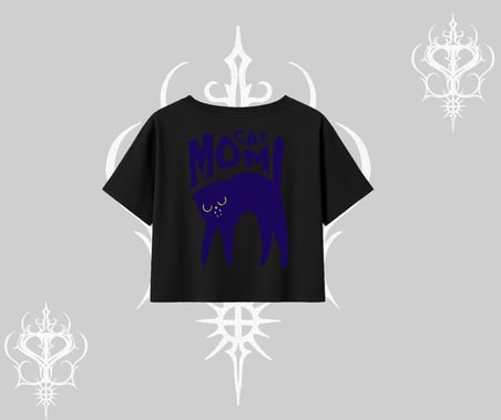 Cat Mom Yazılı Minimal Kedi Arka Baskılı Oversize Crop Tshirt