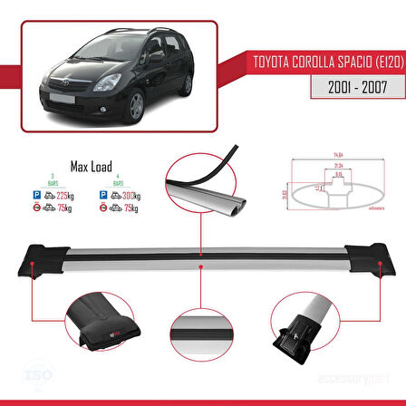 Toyota Corolla Spacio 2 (E120) 2001-2007 Arası ile Uyumlu FLY Model Ara Atkı Tavan Barı Gri 3 Adet