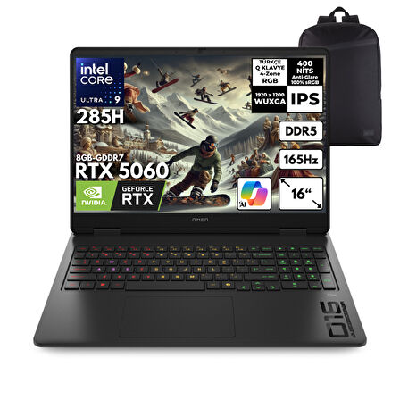 HP OMEN Ultra 9-285H 32-GBDDR5 4 TBSSD RTX5060 (8GB) 16" WUXGA 165Hz Windows 11 Pro + HMF Sırt Çantası BQ3Z2EAHMF21