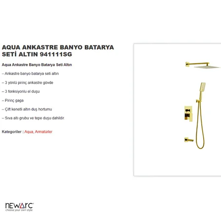 Newarc Aqua Altın Ankastre Banyo Bataryası Set 941111SG