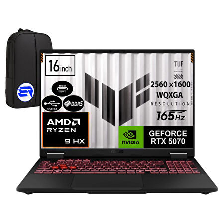 Asus Tuf A16 FA608PP-QT031EP8 RTX5070 Ryzen 9 8940HX 64GB Ram 2tb SSD 16 Inç Wqxga 165Hz WIN11 Pro + Elektropasaj Çanta